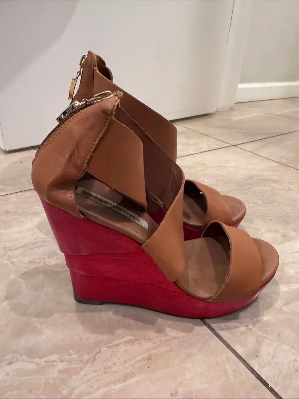 Diane Von Furstenberg Tan Leather Crisscross Wedge Sandals with Pink Sole